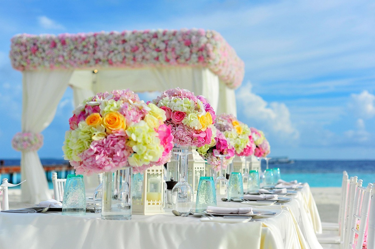 beach, wedding, reception, table setting, beautiful flowers, centerpieces, flower vases, event, beach wedding, wedding photography, wedding preparations, bunch of flowers, celebration, chairs, nature, decorations, flowers, sea, summer, table, table set-up, flower background, tropical, flower wallpaper, wedding setup, gazebo